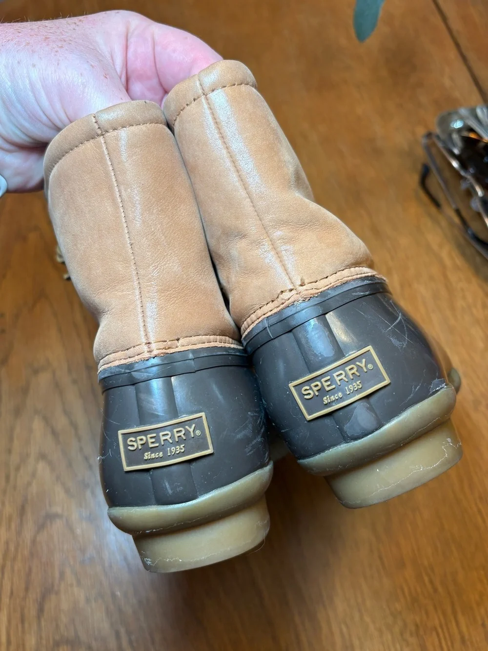 Sperry Saltwater Duck Boots Tan Leather Dark Brown Waterproof Rain Boots Size 8
